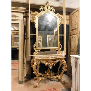 Consolle con specchiera in legno dorato e scolpito a decori floreali, piano in marmo rosso, napoli