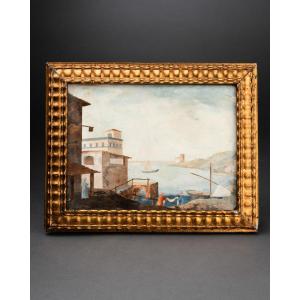 View Of An Italian Port, Panel In Scagliole, Italy, Mid-18th Century