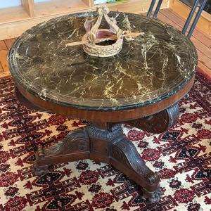Pedestal Table, Napoleon III Period, Mahogany Veneer And Green Marble Top With White Veins