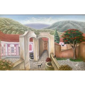 Dreamlike Architectural Villa With Animals In A Landscape, Haitian Art Evoking Henri Rousseau