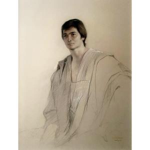 Claudio Bravo - Male Draped Figure, Hyperrealistic Conté Crayon Drawing