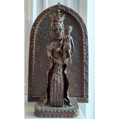 Art Brut , Outsider Art - Virgin And Child Sculpture In Forged Iron And Tin Nid 20th Century