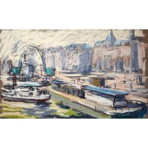 The Port Of Rouen Under The Snow, Impressionist Landscape By Charles Malle