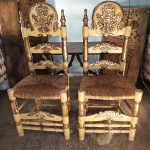 Pair Of Chairs In Lacquered And Gilded Wood - Majorca - Spain - 19th Century