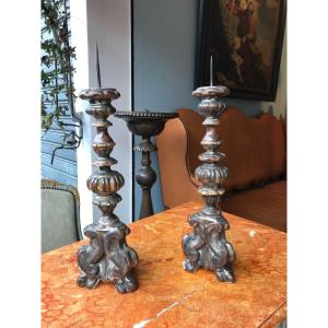 Candle Holder In Carved And Silvered Wood-germany- 18th Century