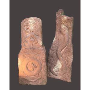 Two Sandstone Terminals From The Property Of A Hunter Of Vipers-vosges-folk Art