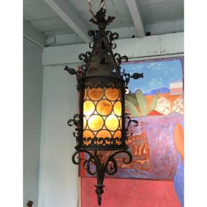 Neo-gothic Lantern In Wrought Iron And Glass - Stained Glass In Bottom Of Bottle - Late 19th Century