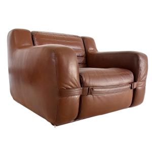 Prototype Armchair In Brown Imitation Leather By Michel Ducaroy, France, 1970s