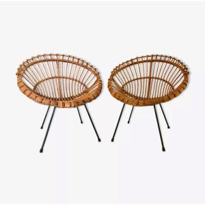 Pair Of Rattan Shell Chairs Attributed To Franco Albini, Italy, 1960s