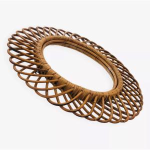 Large Round Rattan Mirror In The Style Of Franco Albini, Italy, 1960s
