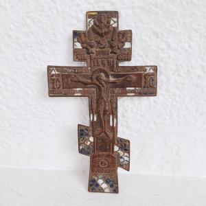 19th C Russian Orthodox Travel Icon Crucifix In Bronze With Enamel & Golgotha
