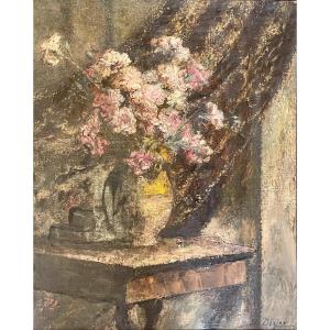 Henry Déziré - Still Life With A Vase Of Flowers And Books.