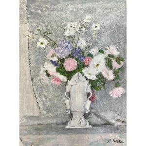 Henri Déziré - Bouquet Of Flowers In A Vase Decorated With Oak Leaves.