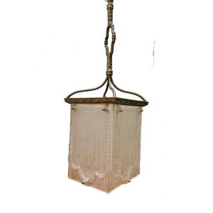 Art Deco Pendant Lamp In Pressed Molded Glass And Bronze.
