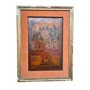 Iran, Qajar Art, 19th Century - Painted Papier Mache Panel And Lackeys, Palace Scene.