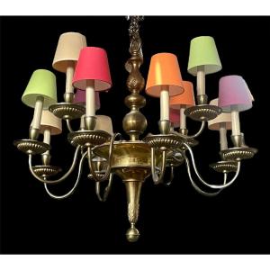 Dutch Chandelier With Twelve Lights In Brass.