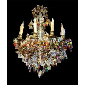 Lustre Cage En Laiton Et Riche Ornementation De Verre Moulé, H.110 cm. 