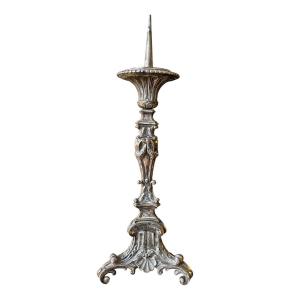 Elegant Candlestick In Silvered Bronze, 19th Century.