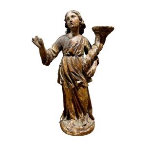 Céroferaire Angel In Polychrome Carved Wood - First Half Of The 18th Century.