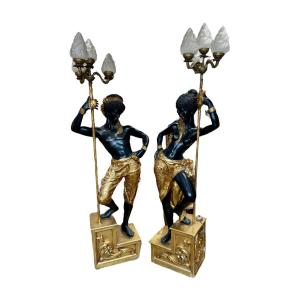 Couple Of Nubian Torchiere Holders, Arp Workshops - Haut. : 190 Cm.