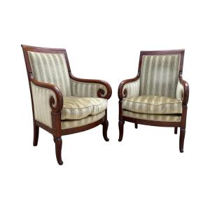 Pair Of Mahogany Bergères, Louis-philippe Period, Stamped By étienne Francois Quenne.