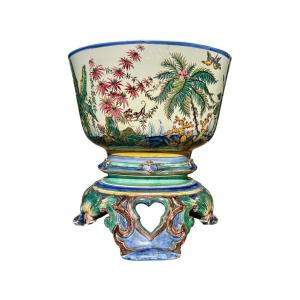 Gien - Important Tripod Vase Cup With Jungle Decor, Late 19th Century.  