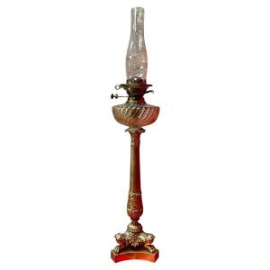 Oil Lamp In Gilt Bronze And Baccarat Crystal, Napoleon III - Height: 84.5 Cm. 