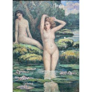 Louis Charles Morin (20th Century), Bathers, Oil On Cardboard - Height: 60 Cm. 