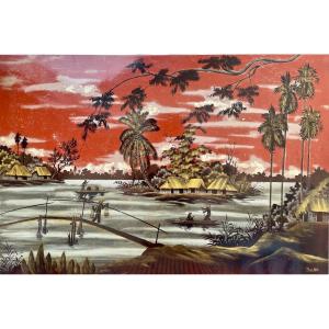 Phat Anh (20th Century), Lake Landscape, Lacquer On Panel. Height: 90 Cm. 