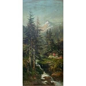 Jean Dubreuil (1825-?), Mountain Landscape With Chalet, 1890, Oil On Panel.
