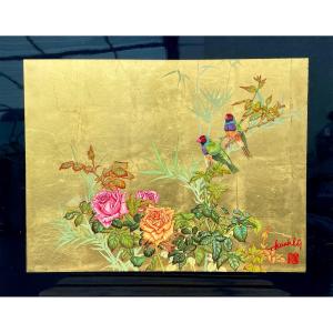 Thanh Ley 款 三鱼漆屏, Birds Perched On A Flowering Rose Bush, Lacquer On Panel.