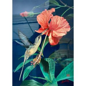 Thanh Ley 款三鱼漆屏, The Hummingbird, Lacquer On Panel.