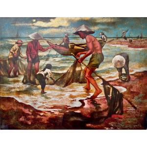 Vietnam (20th Century), Fishermen, Lacquer On Panel - Width: 76 Cm.