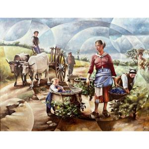Manéo (20th Century) - The Harvest, After Debat-ponsan - Oil On Panel - Width. : 116.5 Cm. 
