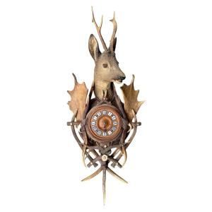 Black Forest Wall Clock In Polychrome Carved Wood And Deer Antlers - Height: 107