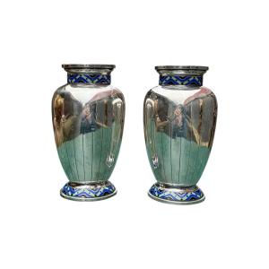 Art Deco - Pair Of Silver-plated And Enameled Metal Vases - Height: 18 Cm.