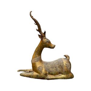 Siam / Thailand - Reclining Deer In Gilded Bronze - Height: 52 Cm. 