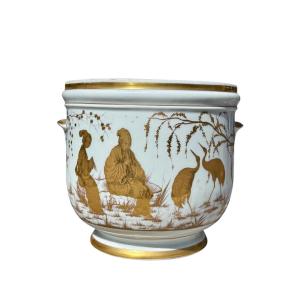 Le Tallec (1906-1991) - Gilded Porcelain Flowerpot, Chinese Decoration - Height 22 Cm. 