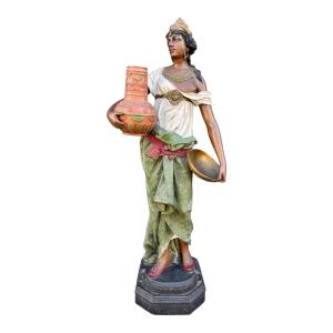 Johann Maresch (1821-1914), The Egyptian Woman, Polychrome Terracotta Subject - Height 102 Cm. 