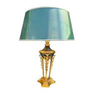 Athenian Gilt Bronze Lamp With Figures Of Hermes - Height 58 Cm. 