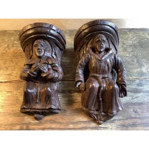 Pair Of 17th-century Carved Wooden Wall Sconces