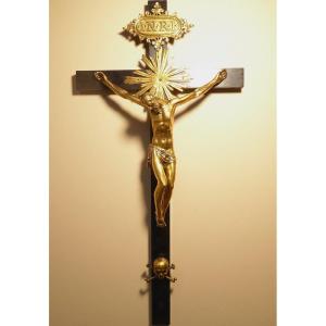 Gilt Bronze Crucifix With Ebony Veneer - 17th Century - Vanitas - Christ