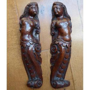 Pair Of Carved Walnut Caryatids, Italy, 16th Century