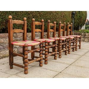 Set Of 5 Charles Dudouyt Brutalist Vintage Chairs In Solid Oak And Rustic Straw