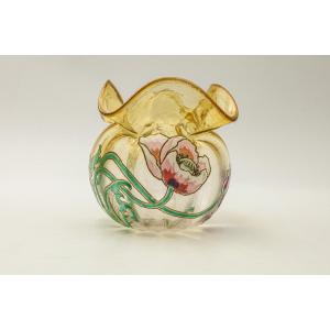 Antique Enameled Glass Vase In The Shape Of A Purse, Decorated With Poppies, Montjoye Legras, Art Nouveau Style, Vintage