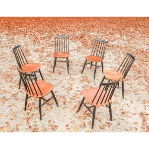 Set Of 6 Vintage Scandinavian Wooden Chairs, Fanett Model, Designed By Ilmari Tapiovaara