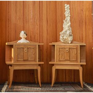 Pair Of Modernist Neoclassical Bedside Tables In Light Wood 