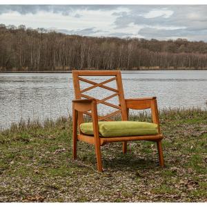 Vintage 1950s Design Armchair In Light Beech With A Cross-braced Backrest 