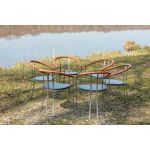 Set Of 6 Post-modern Design Chairs From The 90s, Made Of Leather, Wood And Metal