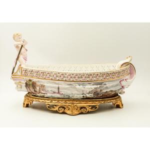 Painted Earthenware Bowl Representing A Boat Signed Majorelle Nancy School Of Nancy